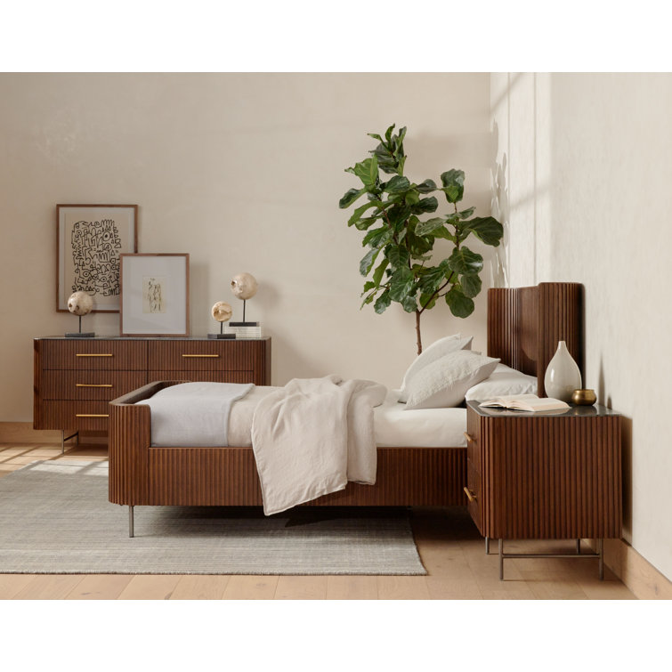 Contemporary Terra Brown Oak Queen Panel Bed with Headboard