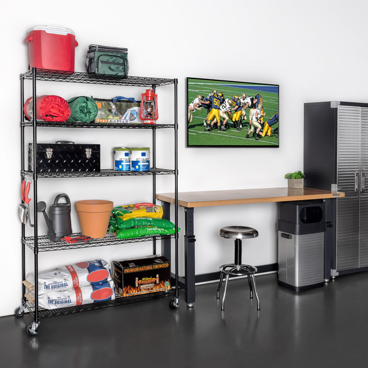 Black Adjustable 5-Tier Steel Wire Shelving Unit with Wheels