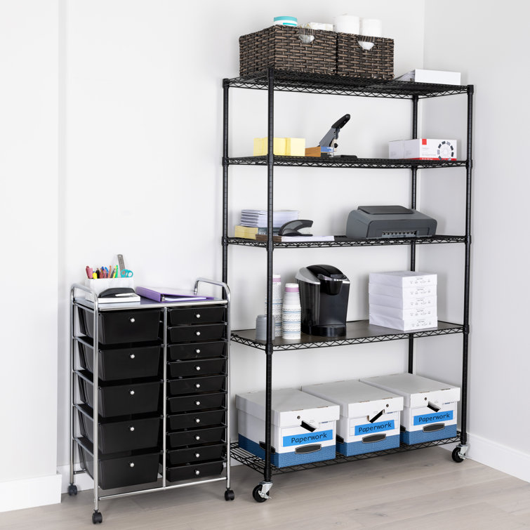 Black Adjustable 5-Tier Steel Wire Shelving Unit with Wheels