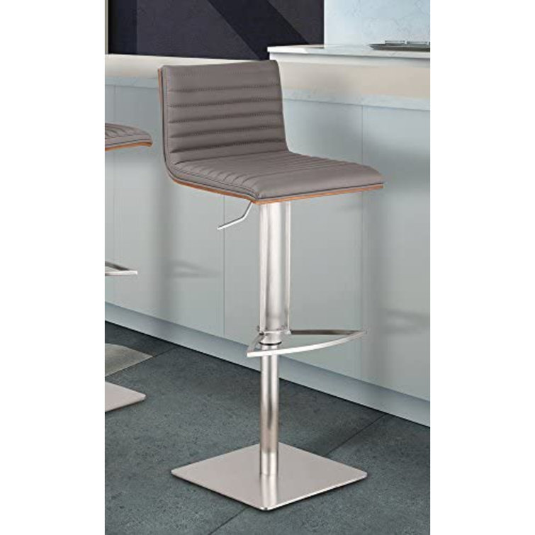 Contemporary 32" Gray Faux Leather & Walnut Swivel Bar Stool