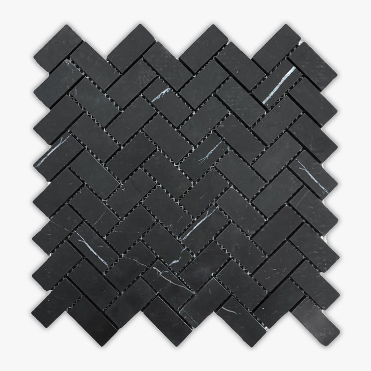 Polished Black Marble Herringbone Mosaic Tile 12" x 12"