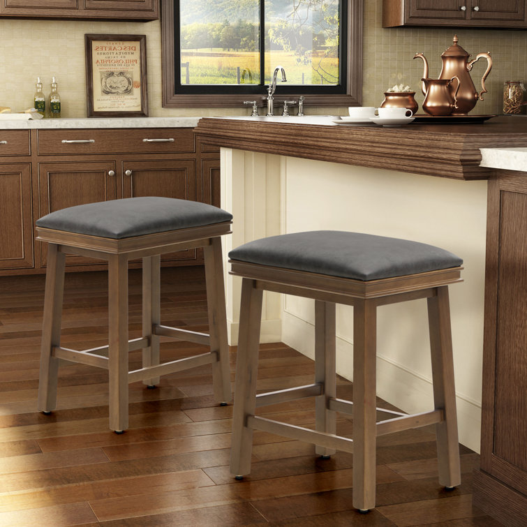 Gray Faux Leather Upholstered Counter Stools with Walnut Wood Frame