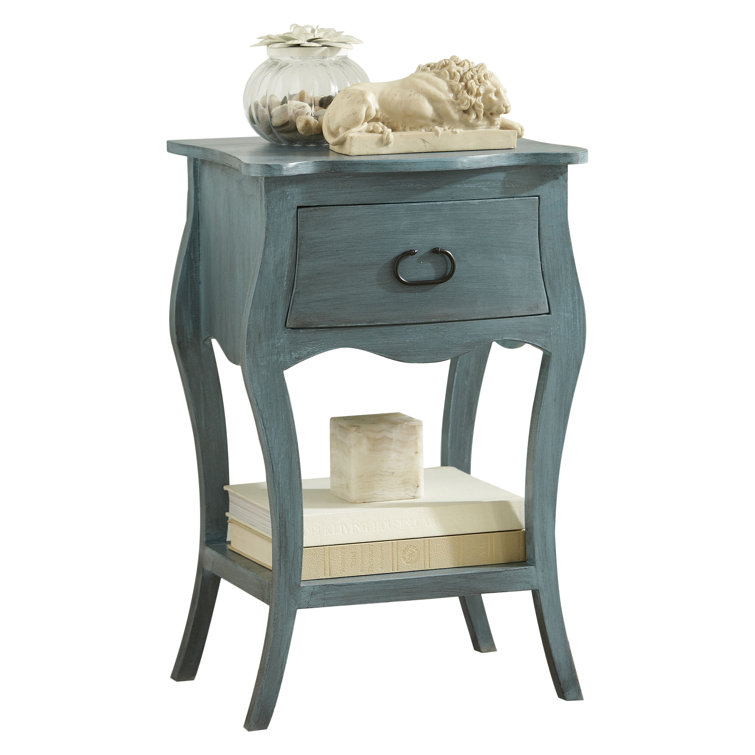 Distressed Blue Mango Wood 1-Drawer Nightstand with Shelf