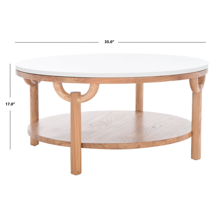 35" Elm Wood & White Marble Round Coffee Table with Storage