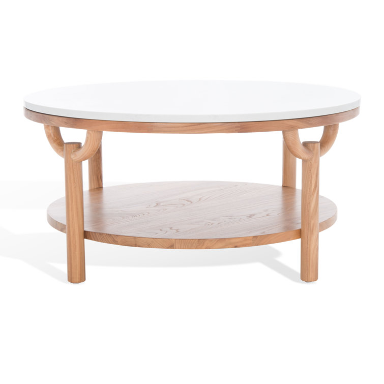 35" Elm Wood & White Marble Round Coffee Table with Storage
