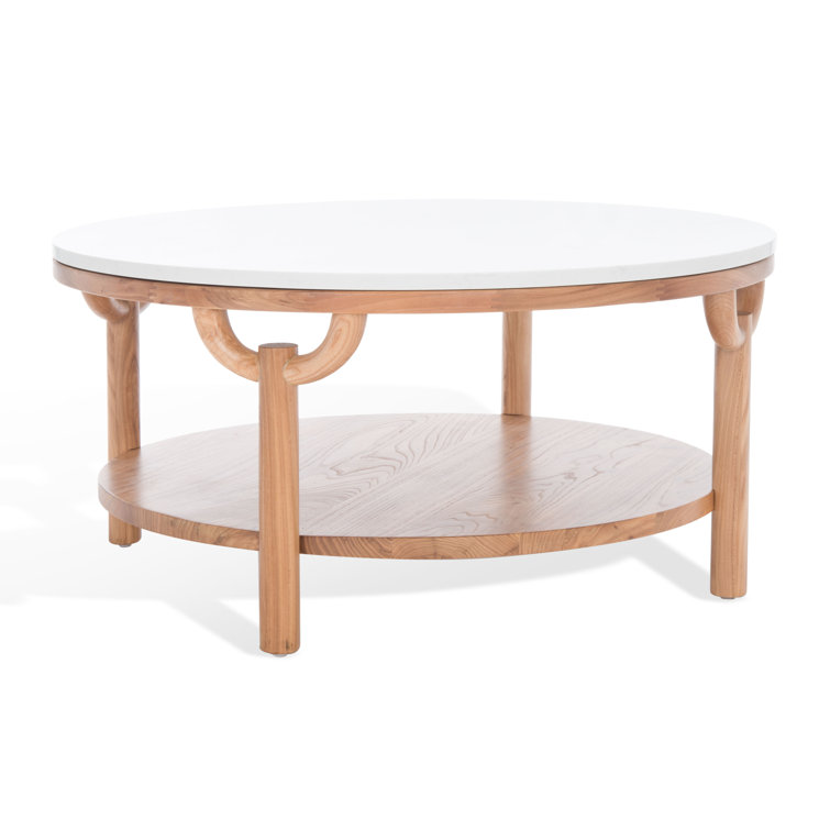 35" Elm Wood & White Marble Round Coffee Table with Storage