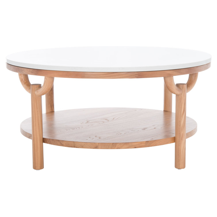 35" Elm Wood & White Marble Round Coffee Table with Storage