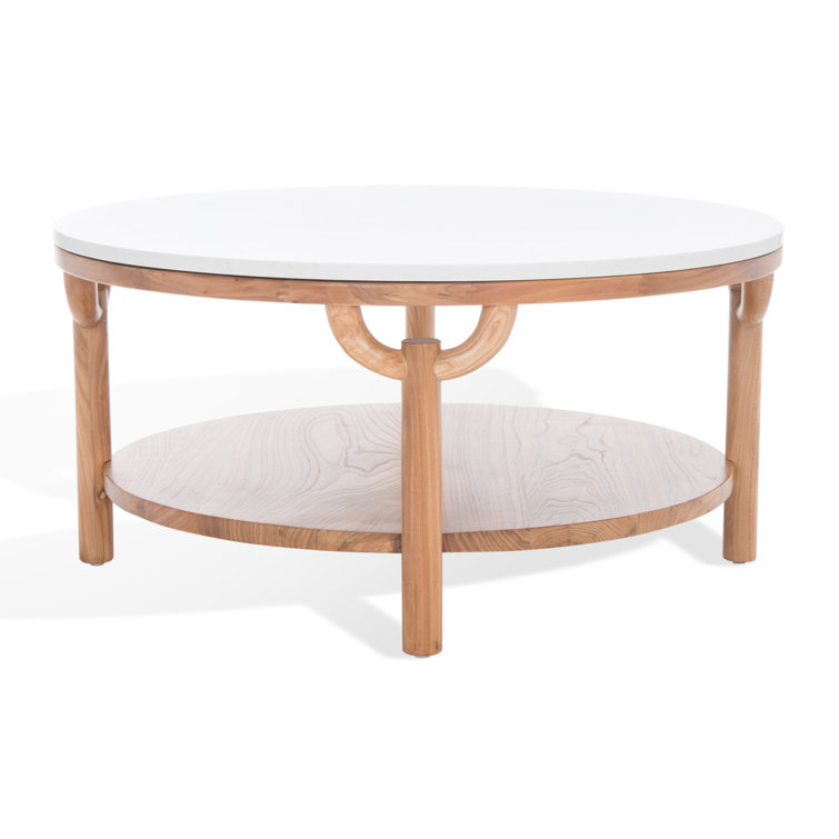 35" Elm Wood & White Marble Round Coffee Table with Storage