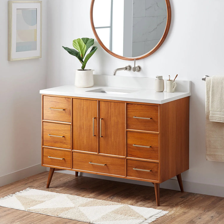48" Natural Teak Single Bathroom Vanity with White Quartz Top