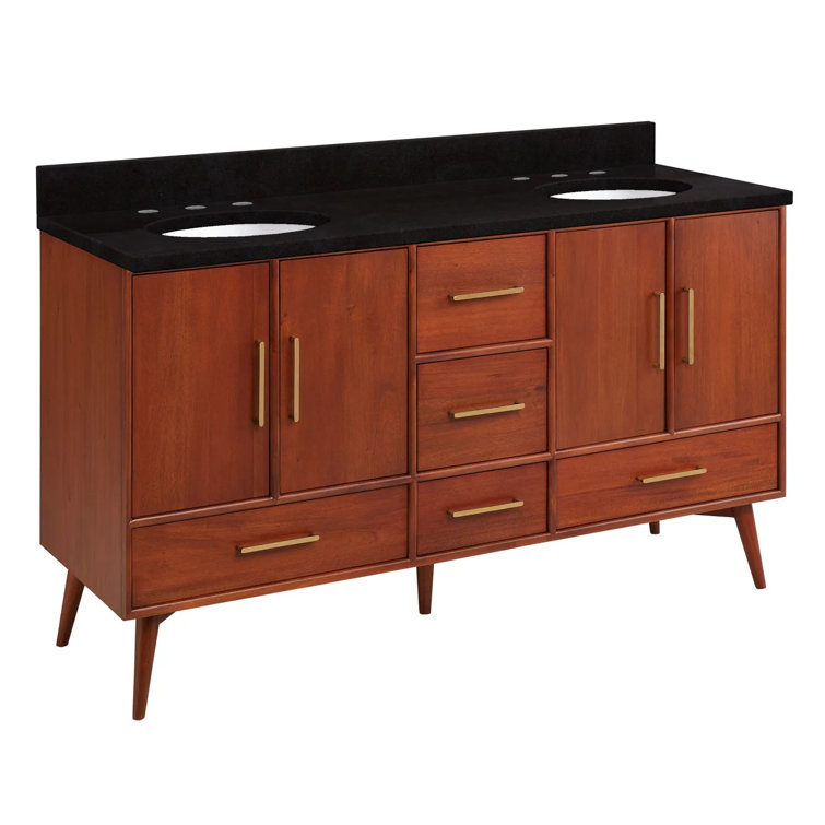 60" Natural Teak Double Bathroom Vanity with White Quartz Top