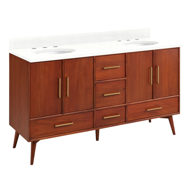 60" Natural Teak Double Bathroom Vanity with White Quartz Top