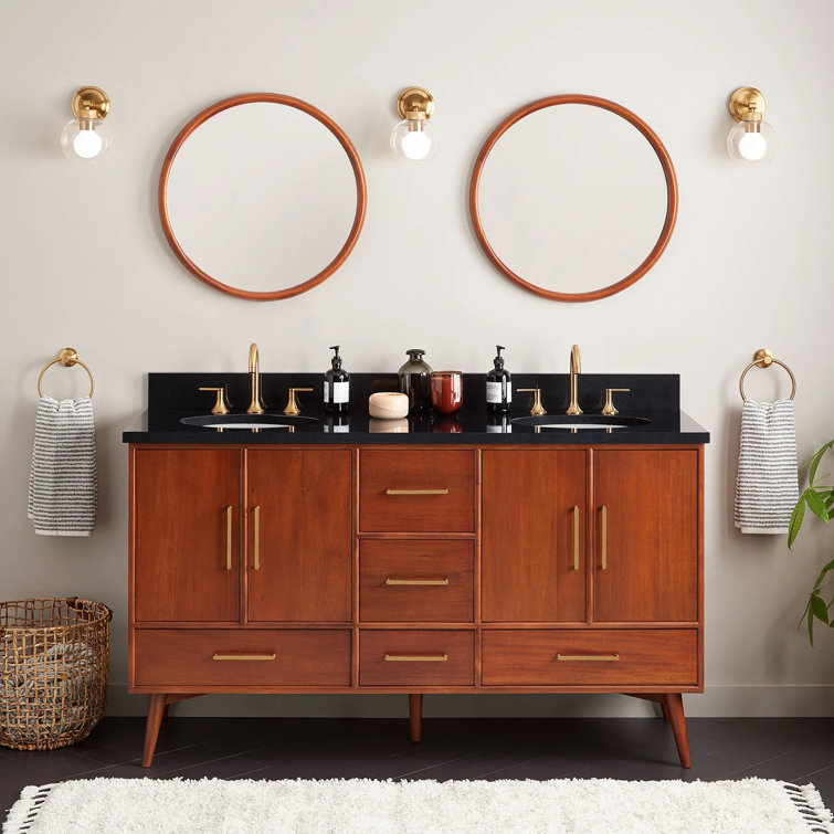 60" Natural Teak Double Bathroom Vanity with White Quartz Top