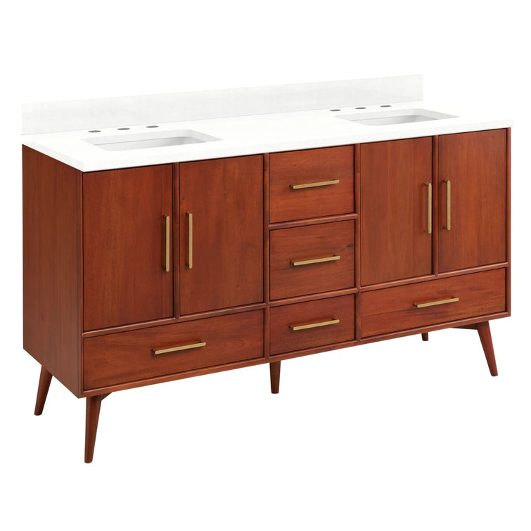 60" Natural Teak Double Bathroom Vanity with Feathered White Quartz Top