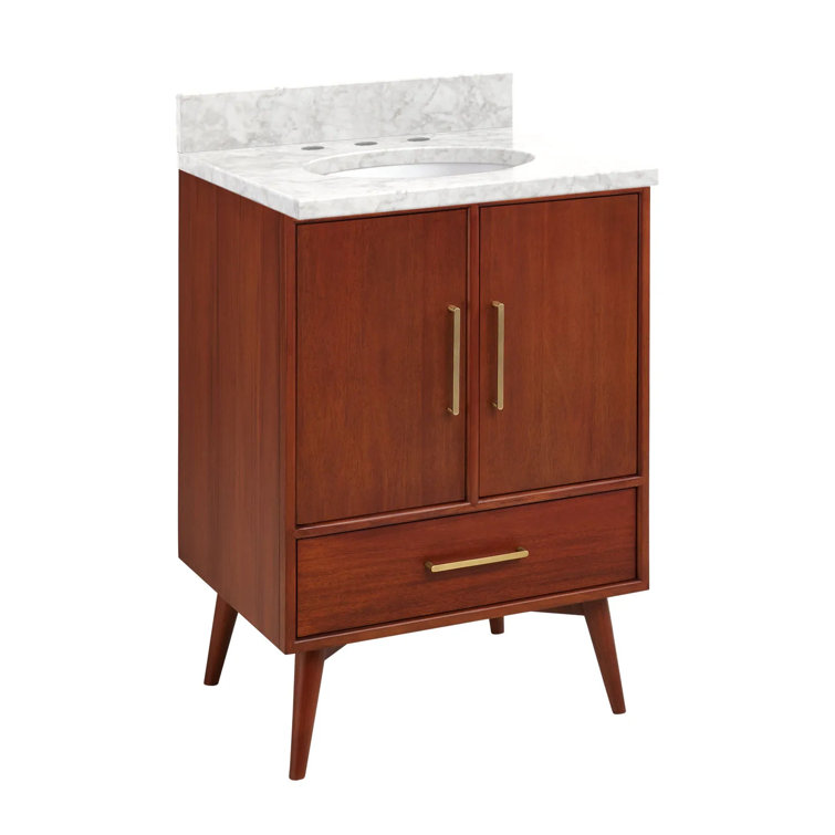 24" White Teak Bathroom Vanity with Carrara Marble Top