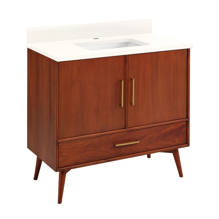 36" Natural Teak Single Bathroom Vanity with White Quartz Top