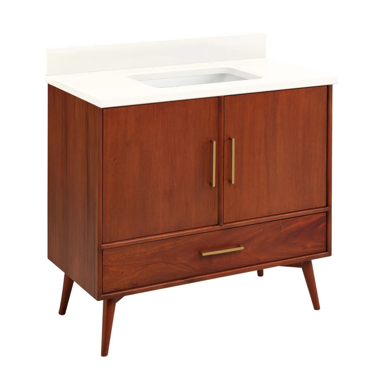 36" White Freestanding Bathroom Vanity with Brass Hardware