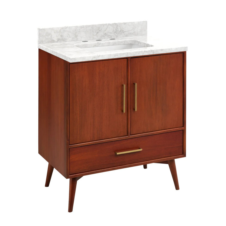 30" Natural Teak Bathroom Vanity with Carrara Marble Top