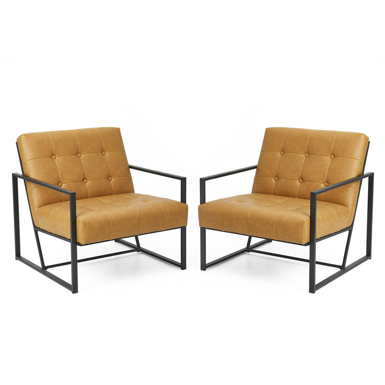 Camel Faux Leather Barrel Accent Chairs with Black Metal Frame
