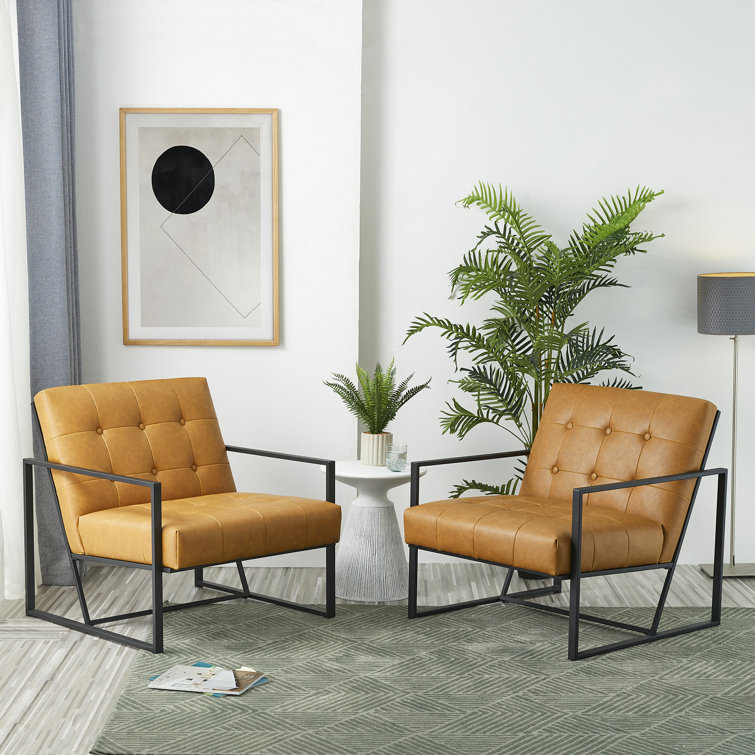 Camel Faux Leather Barrel Accent Chairs with Black Metal Frame