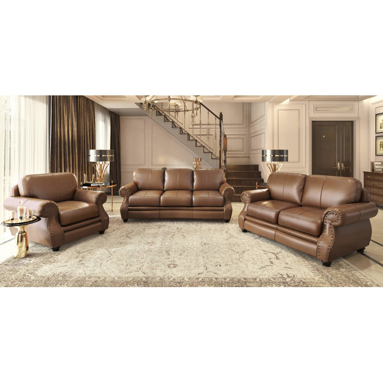 Charleston Chestnut Brown Top-Grain Leather Loveseat with Brass Nailheads