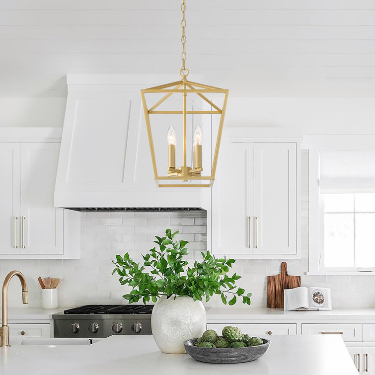 Satin Brass Geometric Lantern Chandelier with Candle-Style Lights