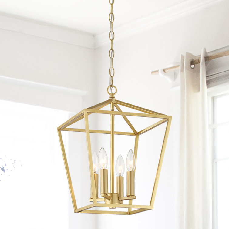 Satin Brass Geometric Lantern Chandelier with Candle-Style Lights
