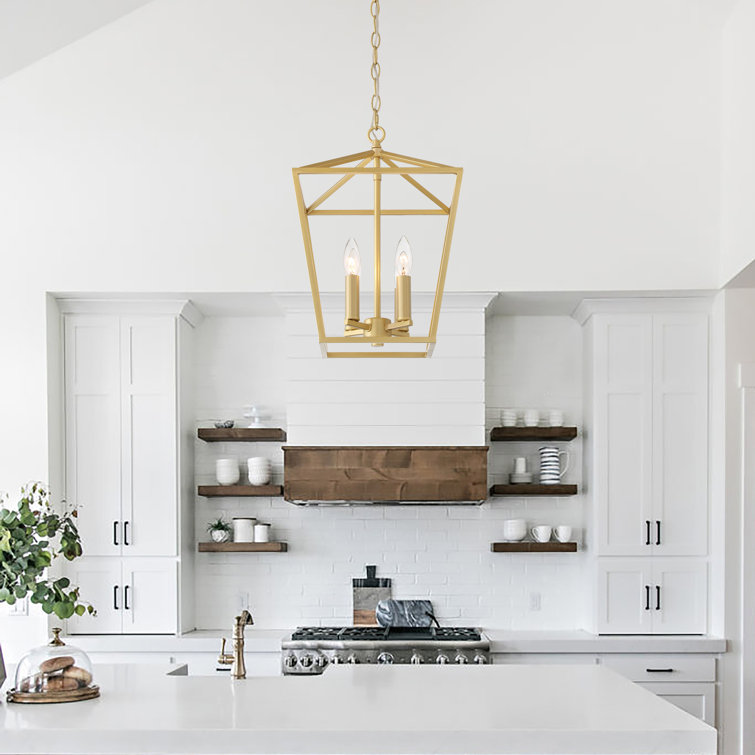 Satin Brass Geometric Lantern Chandelier with Candle-Style Lights