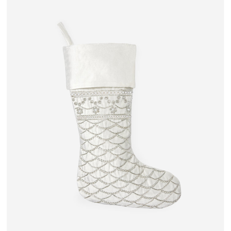 Ivory and Silver Velvet Christmas Stocking with Metallic Embroidery