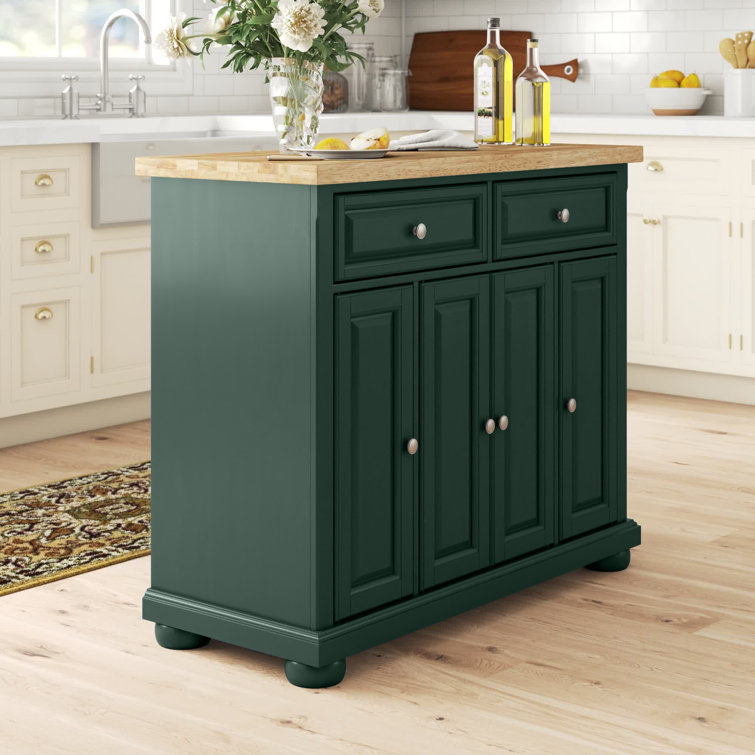 Emerald Green Birch Wood Kitchen Island Cart with Storage