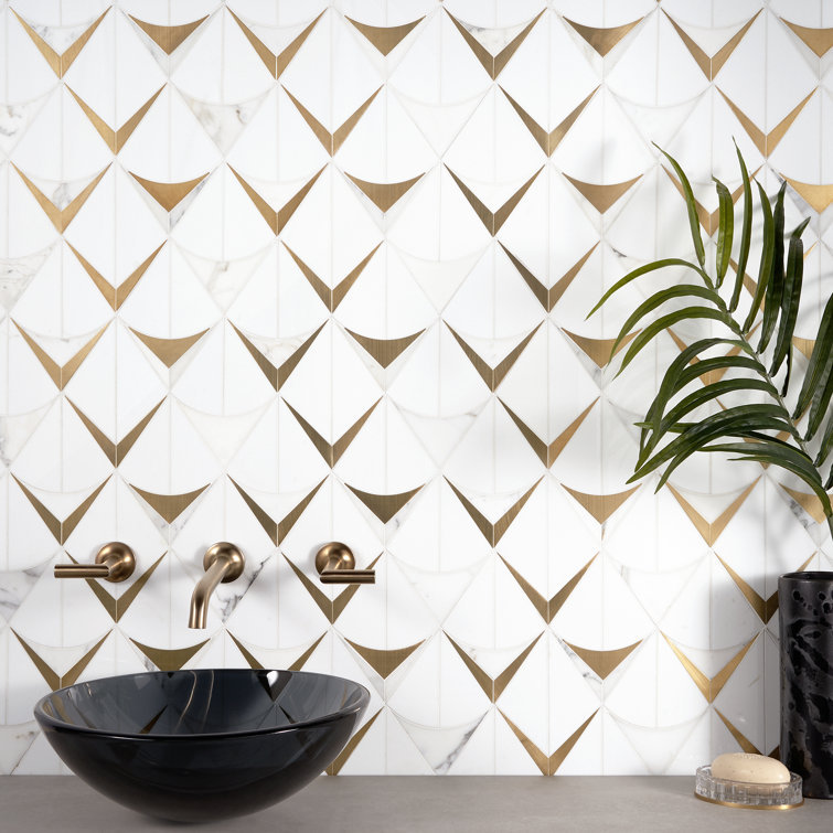 Larvotto White and Brass Polished Marble Mosaic Wall Tile