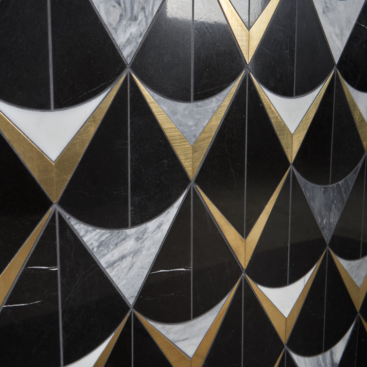 Larvotto Black Marble and Brass Diamond Mosaic Wall Tile