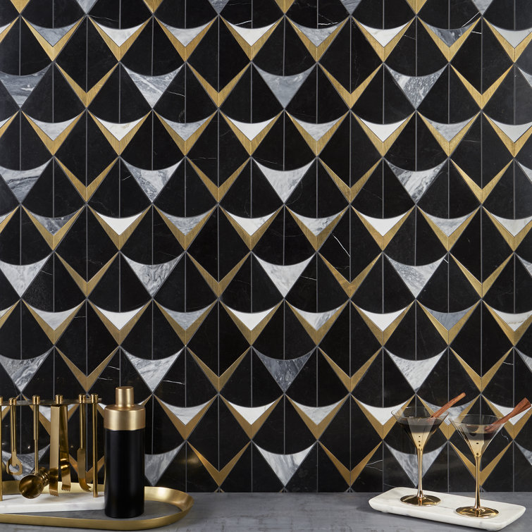 Larvotto Black Marble and Brass Diamond Mosaic Wall Tile