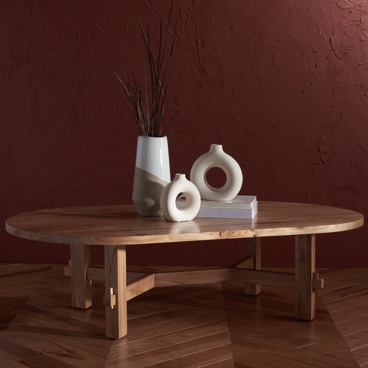 Natural Elm Oval Coffee Table with Trestle Base