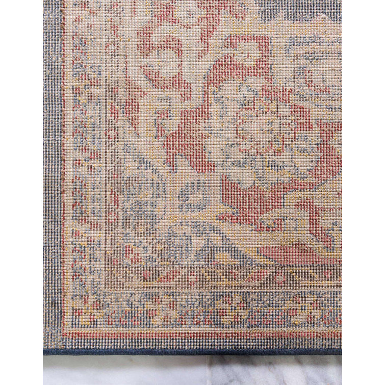 Navy Blue and Red Oriental Synthetic Runner Rug