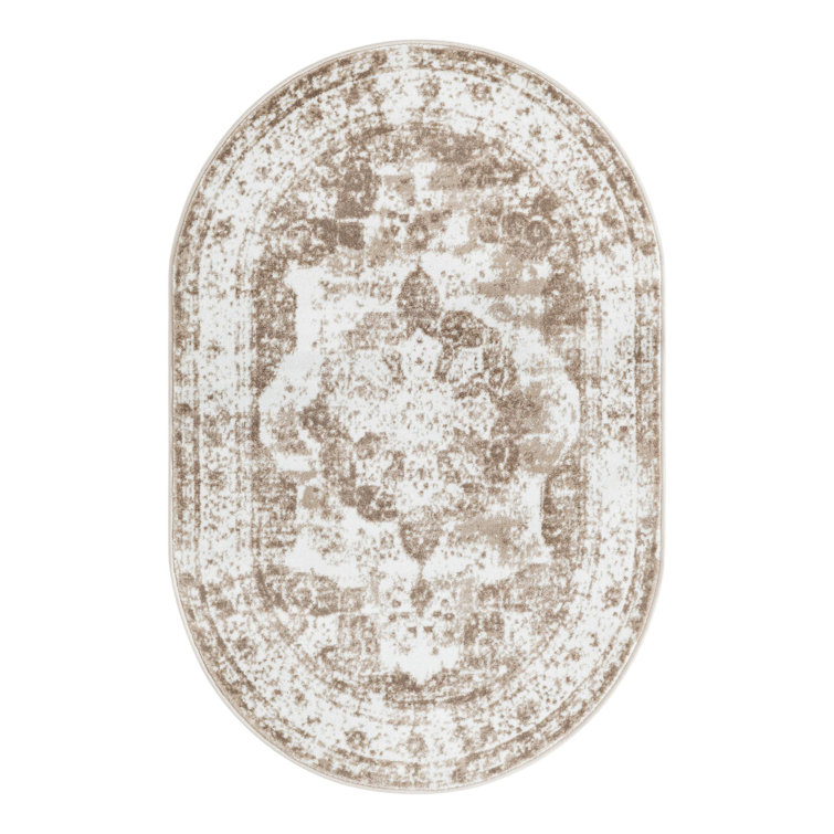 Beige Oval Medallion Synthetic Stain-Resistant Area Rug