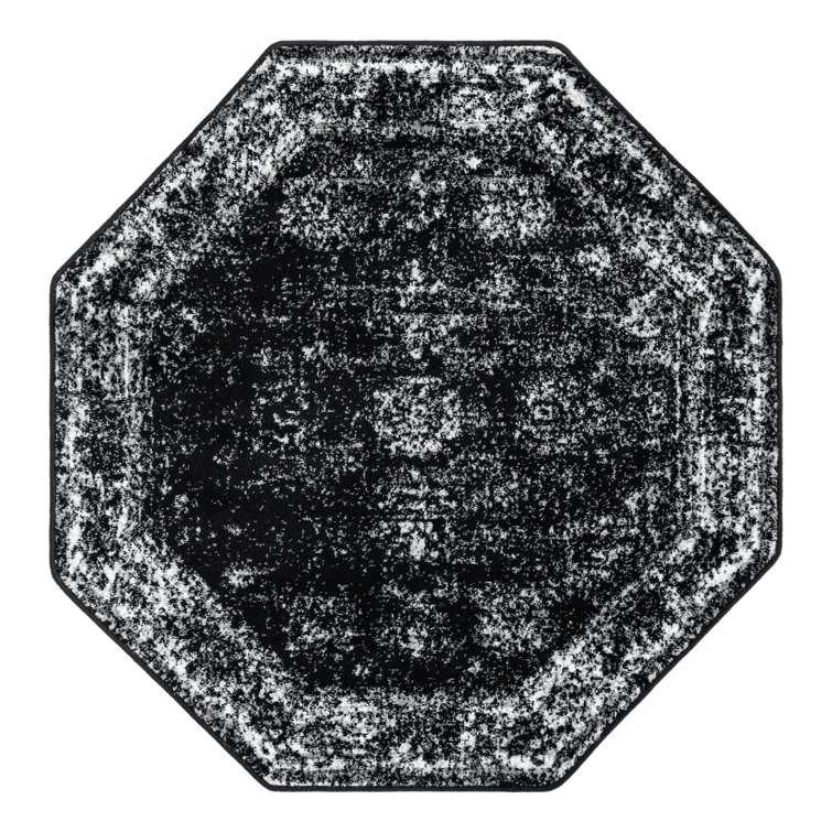 Brandt Black Floral Synthetic Octagon Area Rug