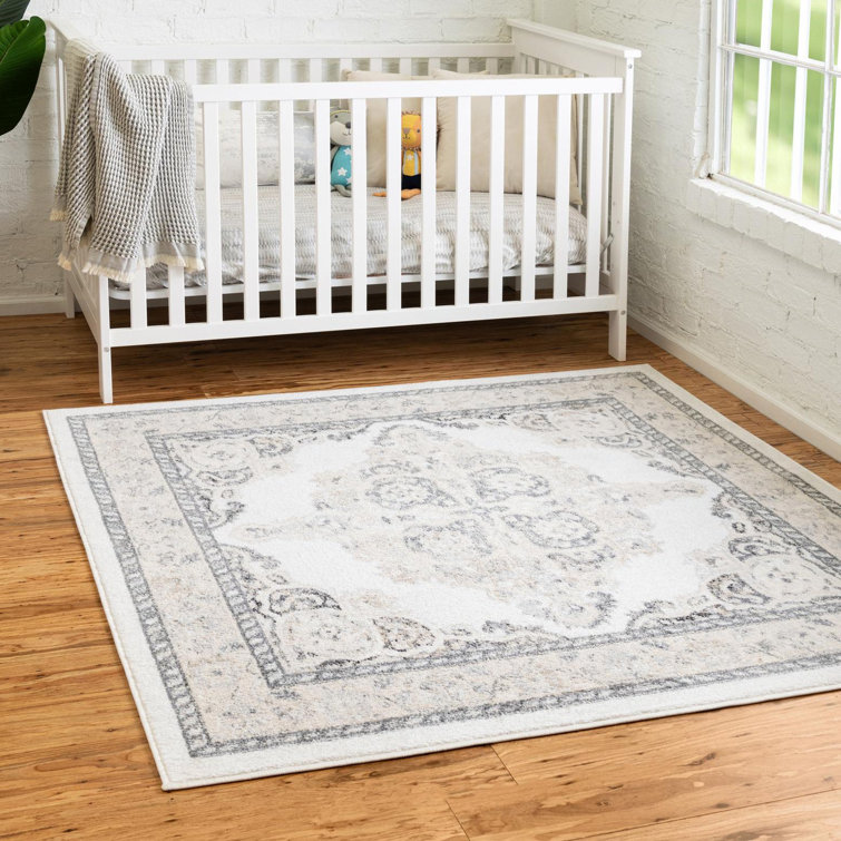 Ivory and Gray Synthetic Medallion Square Rug