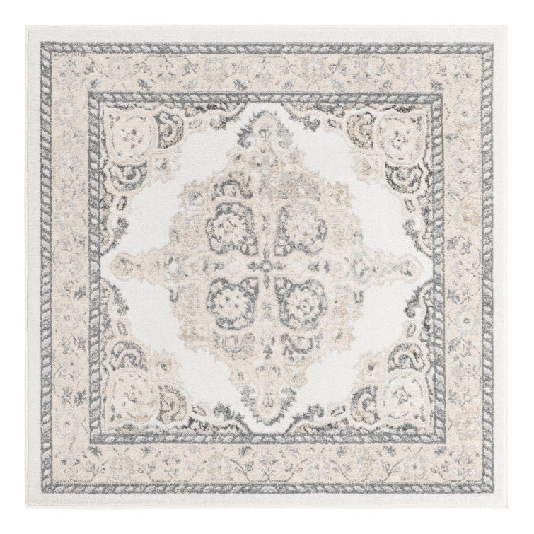Ivory and Gray Synthetic Medallion Square Rug