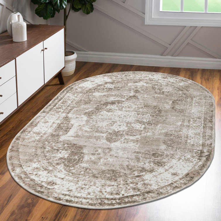 Beige Oval Medallion Synthetic Stain-Resistant Area Rug