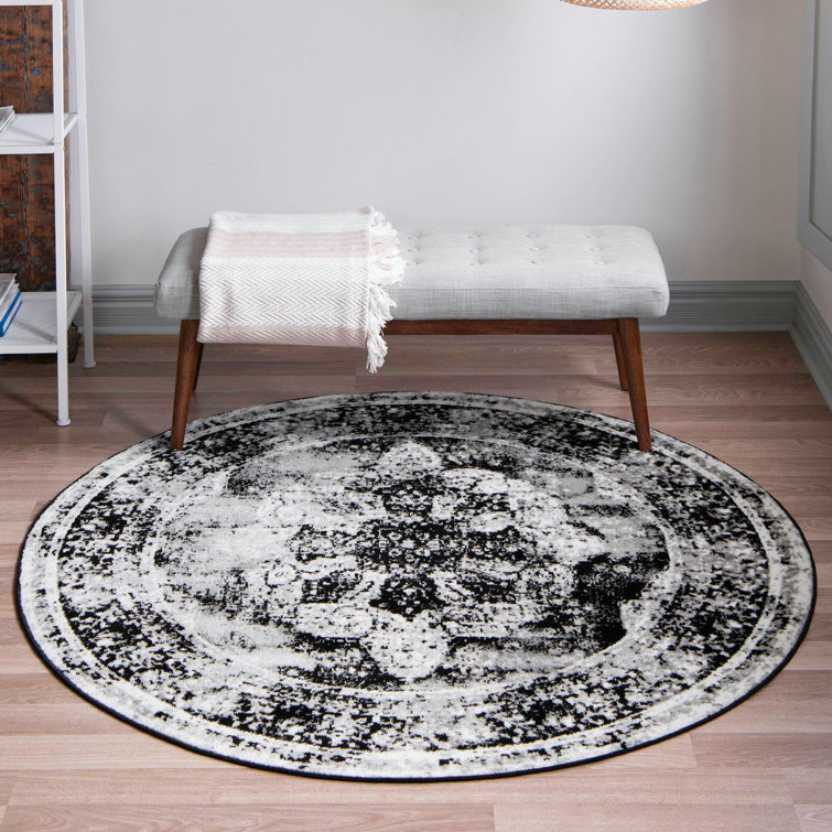 Round Black Oriental Synthetic Stain-Resistant Rug