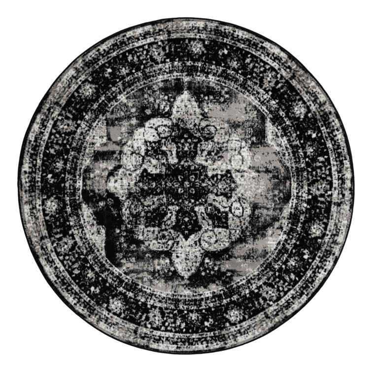 Round Black Oriental Synthetic Stain-Resistant Rug