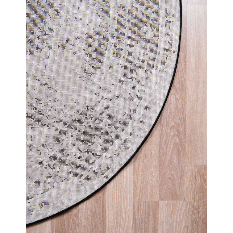 Round Black Oriental Synthetic Stain-Resistant Rug