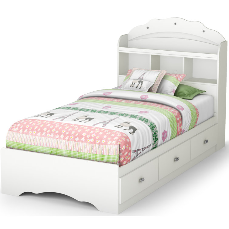 Pure White Twin Captain's Bed with Bookcase Headboard and Drawers