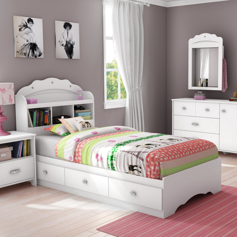 Pure White Twin Captain's Bed with Bookcase Headboard and Drawers