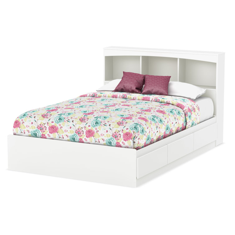 Step One Full/Double White Wood Frame Captain's Bed with Storage and Bookcase