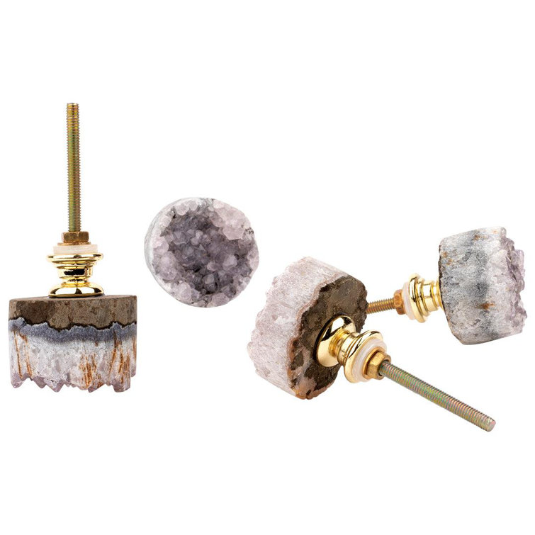 Amethyst Crystal Geode Knobs with Gold Plated Base, 4 Pack