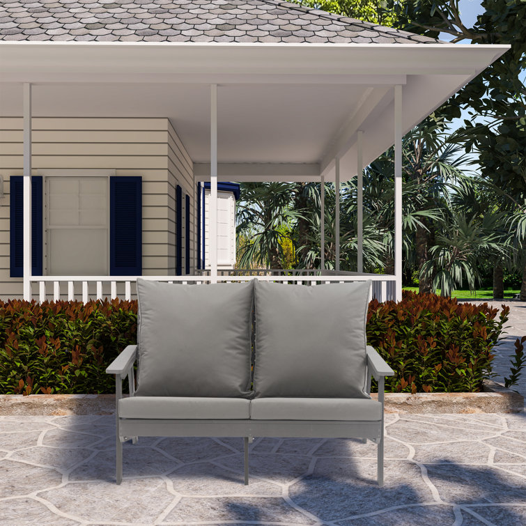 Gray Outdoor Loveseat with Cushions and Metal Frame