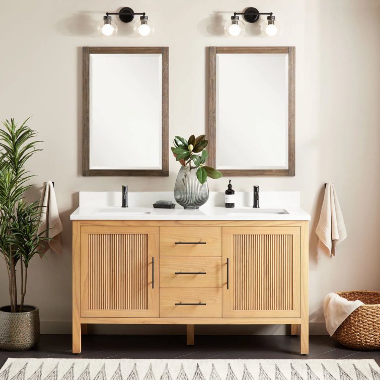 60'' Natural Wood Double Vanity with Feathered White Quartz Top