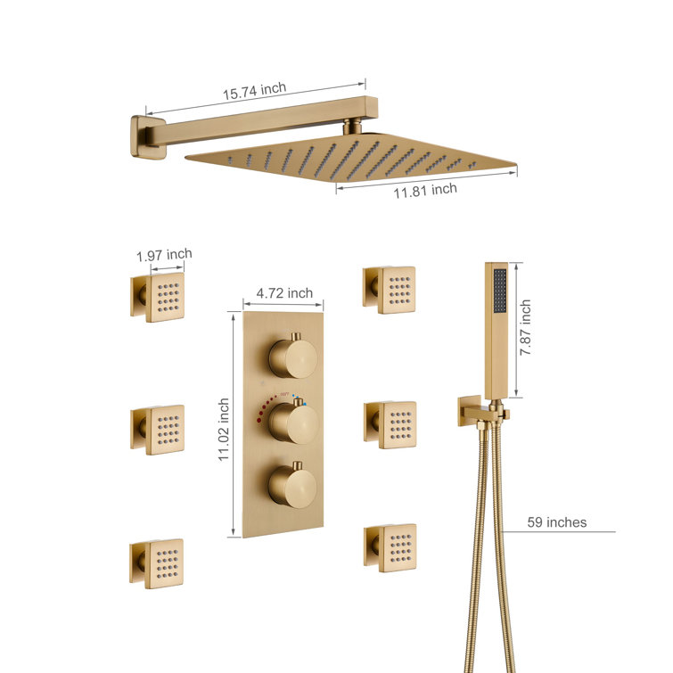Brushed Gold Wall Mounted Rain Shower System with Handheld and Body Jets
