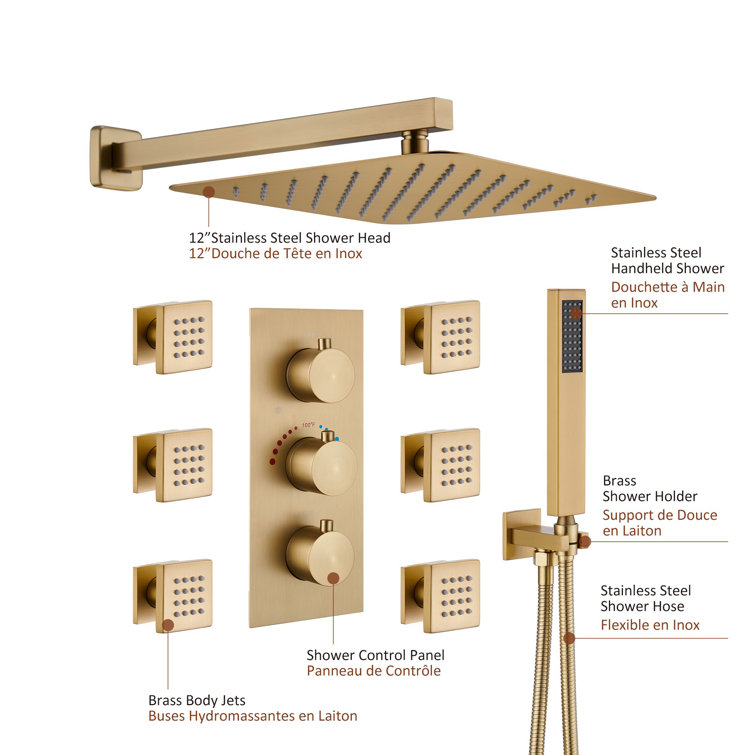 Brushed Gold Wall Mounted Rain Shower System with Handheld and Body Jets